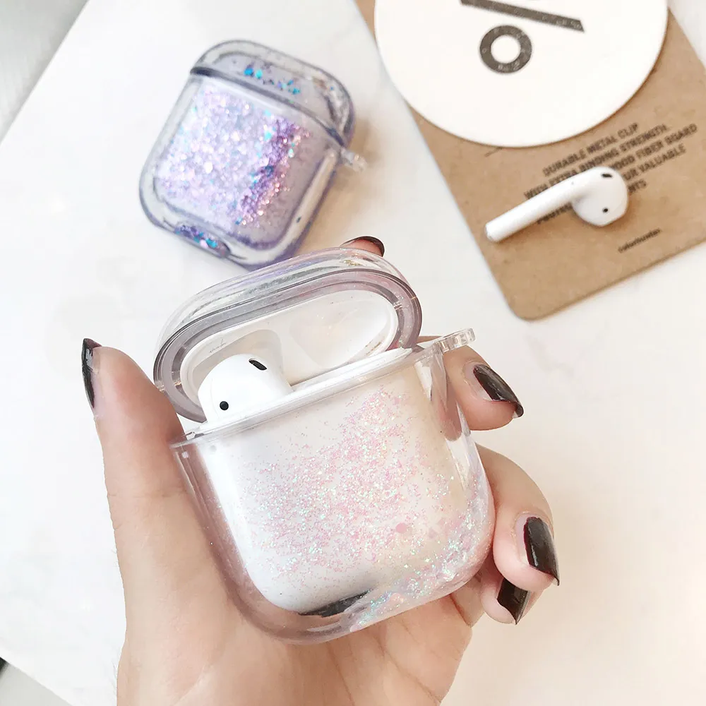 Flytande Quicksand Sparkle Earphone Case Cover för airpods 2 1 Air Pods Glitter Sequins Headphone Headset AirPodding Protector Shell