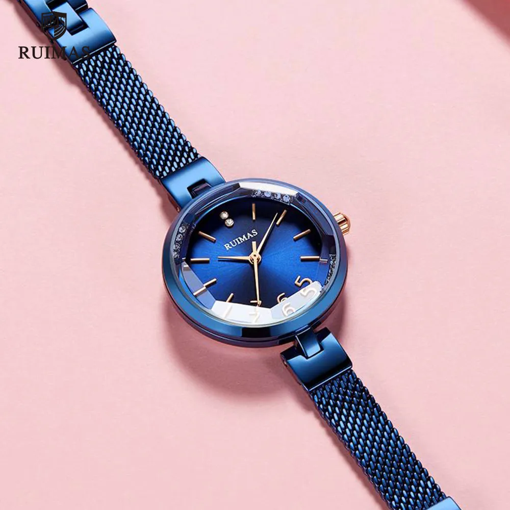 Ruimas Women's Simple Analog Blue Watches Luxury Top Brand Quartz Watch Ladies Woman Water Resistant Wristwatch Relogio Girl 190w