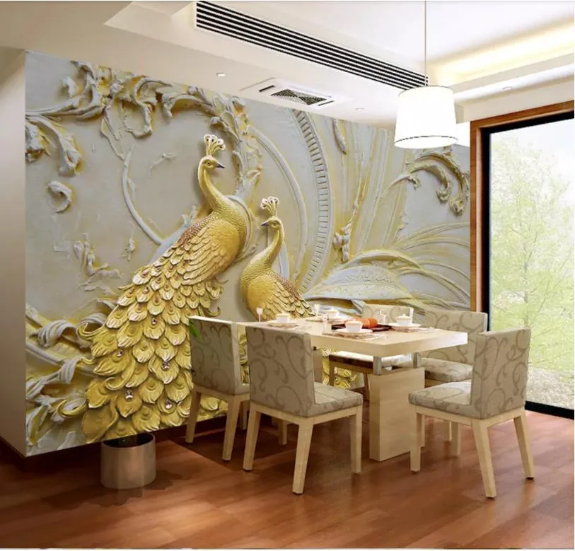 behang voor muren 3 d voor woonkamer 3D reliëf gouden pauw achtergrond muurschildering223B
