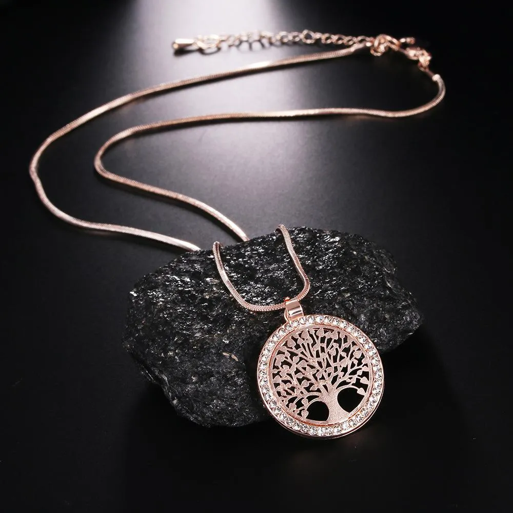 New Fashion Tree of Life Necklace Crystal Round Small Pendant Necklace Rose Gold Silver Colors Elegant Women Jewelry Gifts Dropshi290F