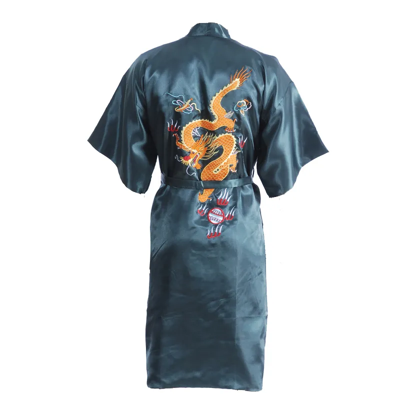 Robe de soie en satin de soie pour hommes chinois noirs broderie dragon kimono robe de bain unisexe peignoir ample taille M L XL XXL XXXL D0317 T2004246v