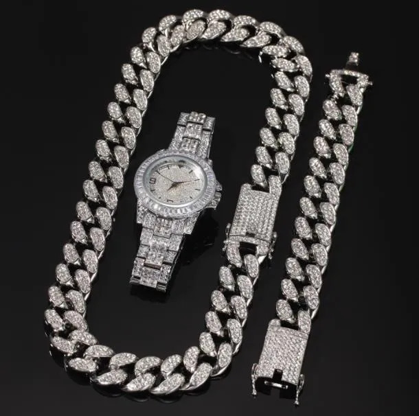 Kedjor 3st Set Men Hip Hop Iced Out Bling Chain Halsband Armband Titta på 20 mm bredd kubanska halsband Hiphop Charm smycken gåvor1269p