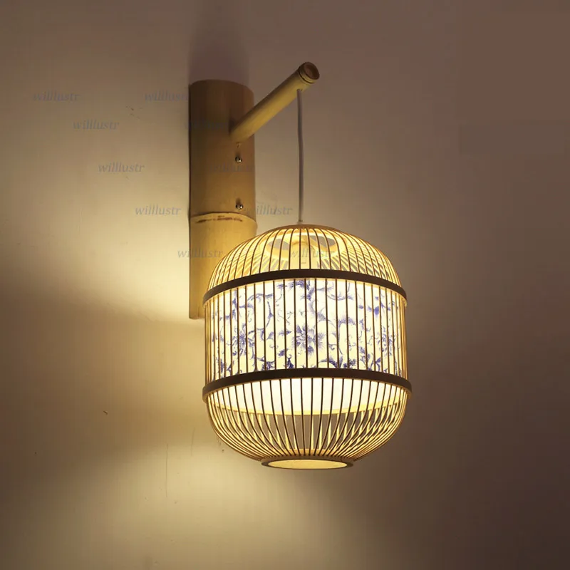 Kina stil bambu väggljus vintage blå och vit porslin mönster gång trappa dörröppning korridor kreativ handgjorda sconce210e