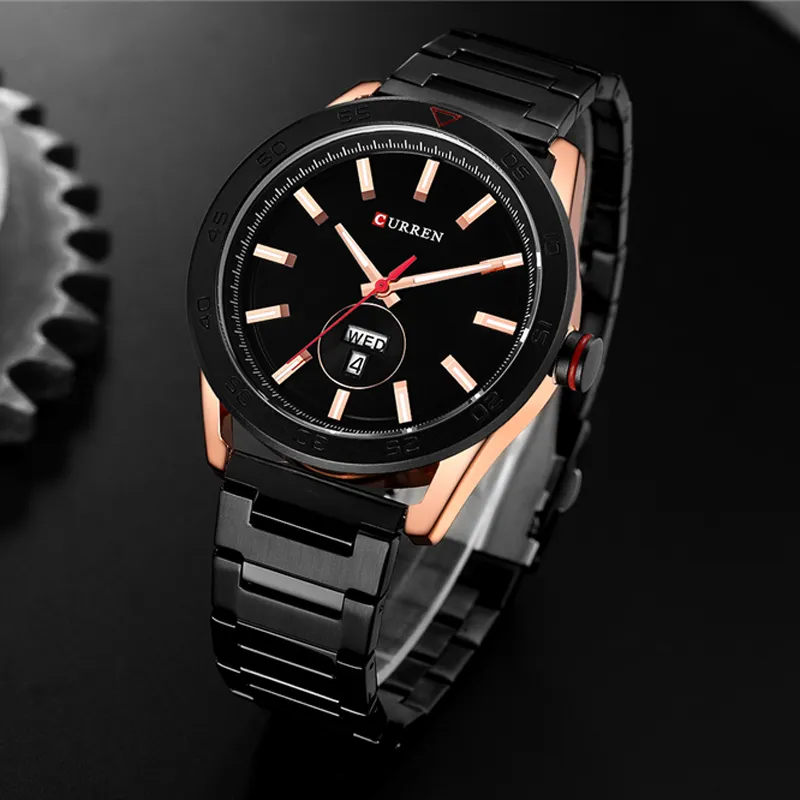 CURREN montres pour hommes de luxe en acier inoxydable bracelet montre Style décontracté montre-bracelet à Quartz avec calendrier noir horloge mâle Gift255d