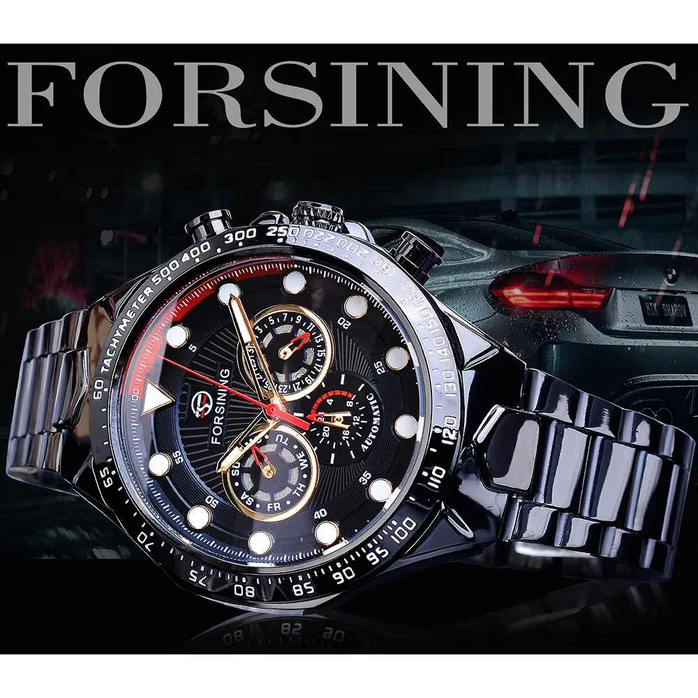 Forsining hommes montre automatique noir auto-vent vitesse voiture mâle Date bracelet en acier militaire poignet mécanique Relojes Hombre248M