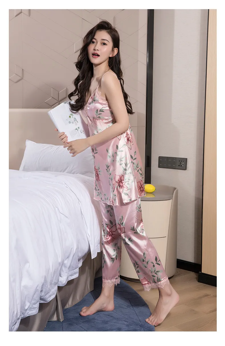 2020 femmes pyjamas ensembles sommeil confort Satin vêtements de nuit dentelle soie 5 pièces Camisole + Robe + pantalon Pyjama Femme costume de maison