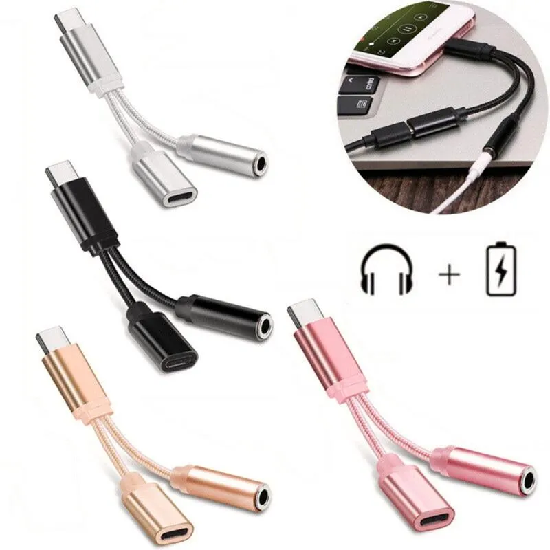 최신 2 in1 유형 -C 변환기 USB 유형 C 충전 케이블 3.5mm 오디오 이어폰 헤드폰 어댑터 Xiaomi for Huawei samsung