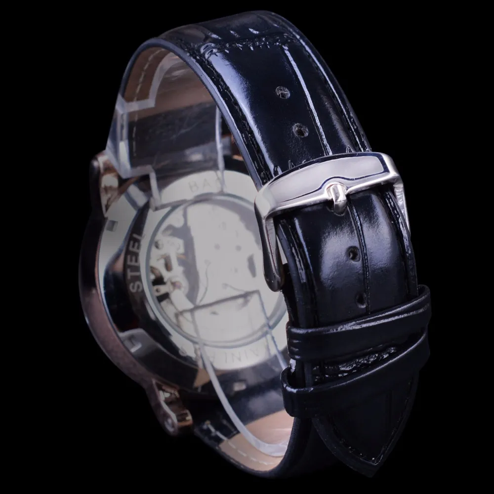 Forsining Retro Series horloge Romeins skelet display Zwarte wijzerplaat Mechanische klok Rose gouden kast Heren automatisch horloge Topmerk Lu284I