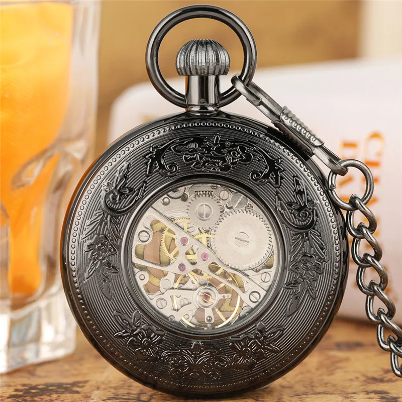 Steampunk Vintage Silber Schwarz Bronze Farbe Taschenuhr Römisches Zahlengehäuse Handaufzug Mechanische Uhren für Männer Frauen mit Anhänger 218i