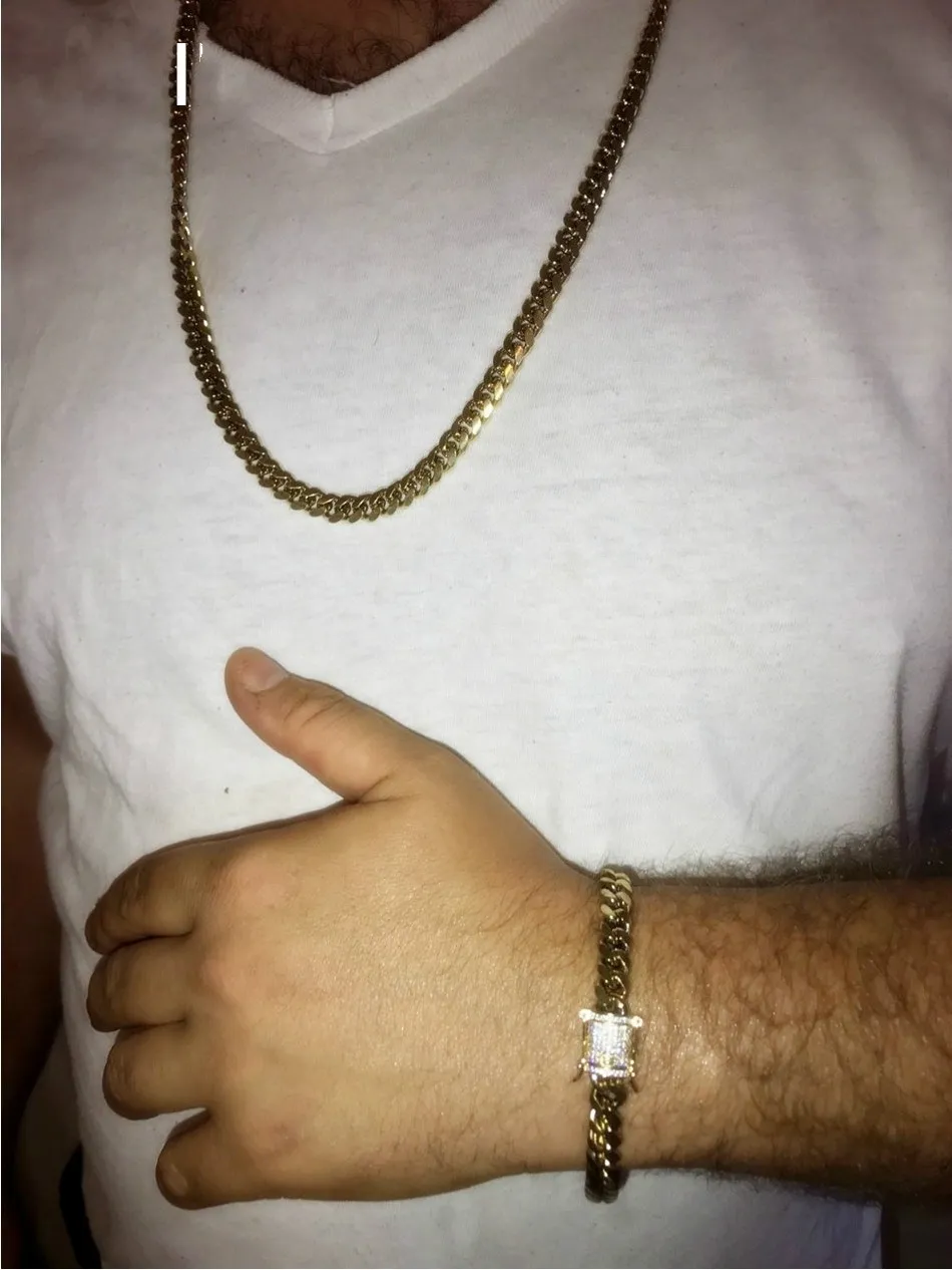 12mm 14mm Mens Cuban Miami Link Armband Chain Set Rhinestone Clasp Rostfritt stål Guld Hip Hop -halsbandskedja smycken Set305k