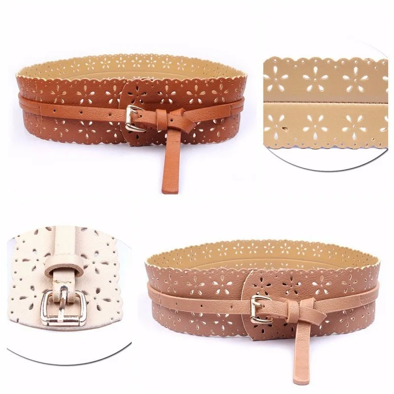 Ny design Womens Belt Fashion Pu Leather Lady Hollow Flower Wide Waistband Woman Belts For Dress Cinturon Mujer201o