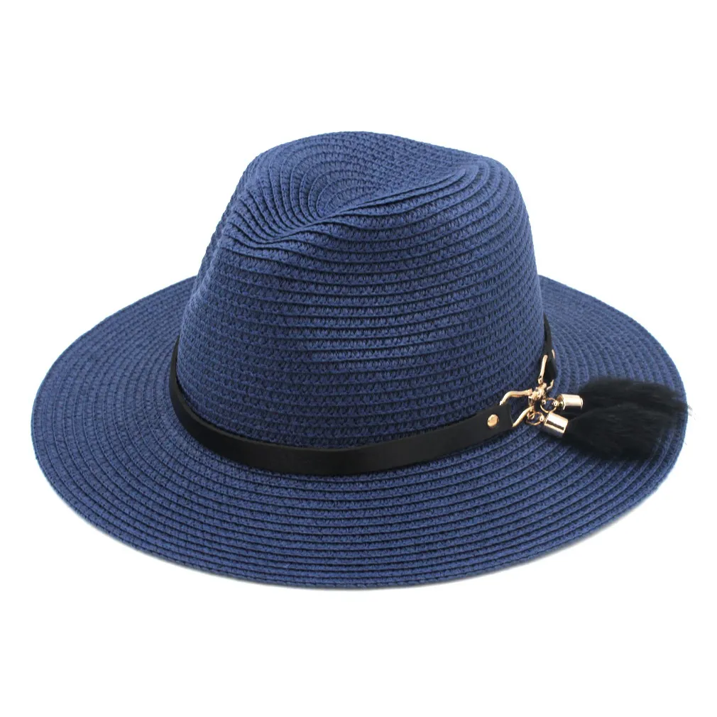 Chapeau di paglia di plastica unisex primavera estate festa strada all'aperto cappello da spiaggia cappello a tesa larga floscio cappello Panama amante con cintura B7427065