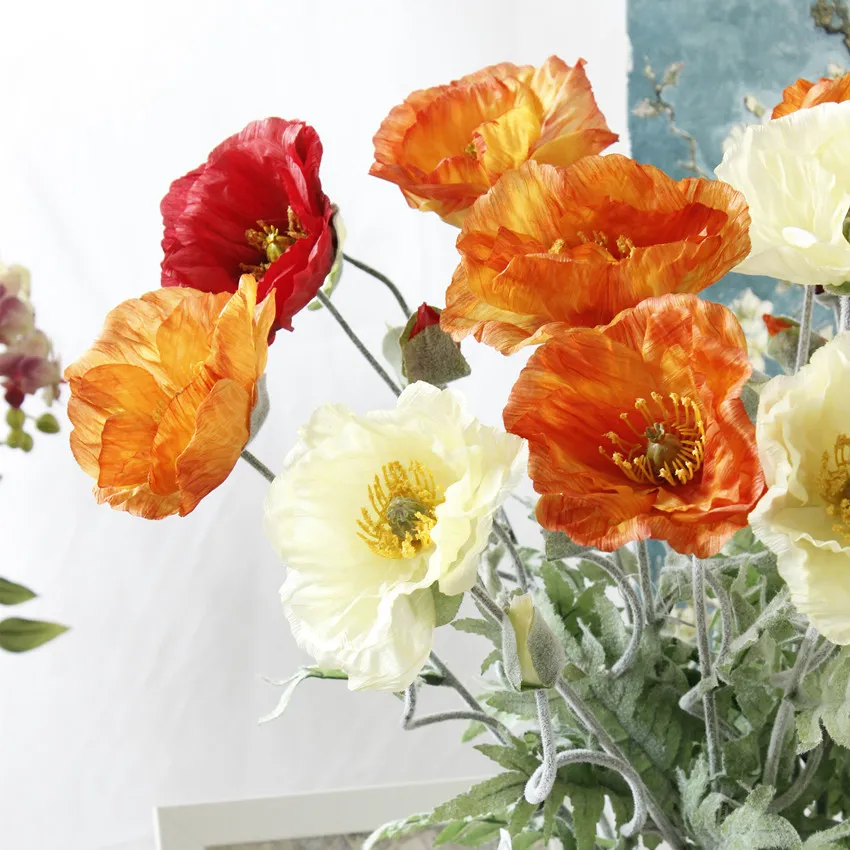 5 piezas de flores artificiales de amapola grande con hojas, flores artificiales para otoño, fiesta en casa, decoración, corona, flores de seda falsas 212j