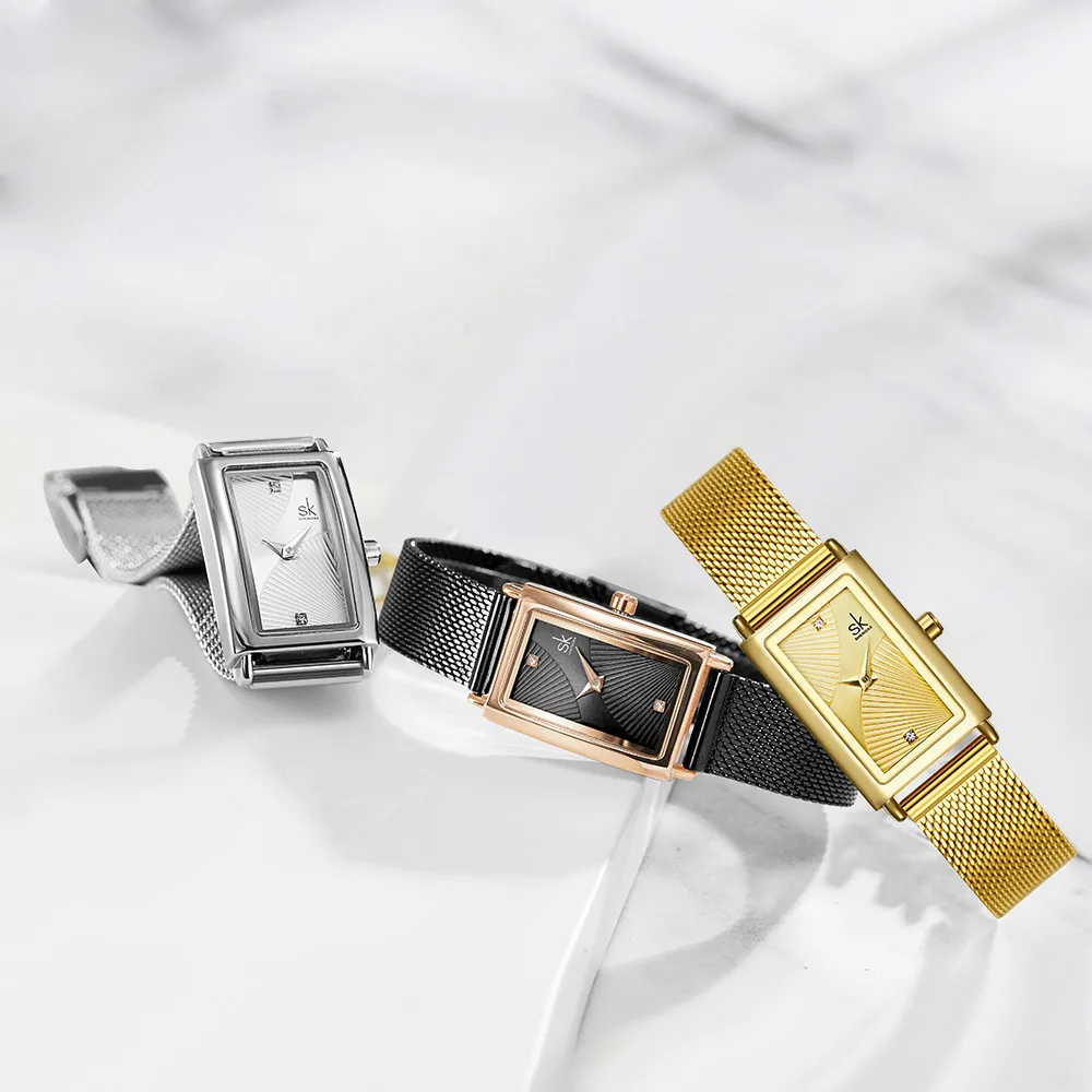 SHENGKE Eenvoudige stijl quartz horloge roestvrij staal goud zilver horlogeband 001 hoge kwaliteit horloges roestvrij staal verborgen sluiting224D