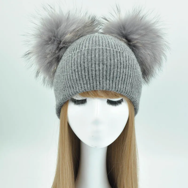 Moda-dupla pele real pom pom chapéu feminino inverno bonés de lã de malha chapéus crânios gorros gfemale natural duas peles pompom gorro hat240c