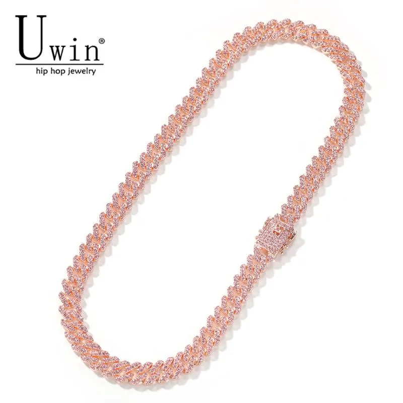 Uwin S-Link Miami Rose Gold 12mm Cuban Link Pink Rhinestone Necklace Chain Full Bling Punk Bling Charm Hiphop Jewelry12550