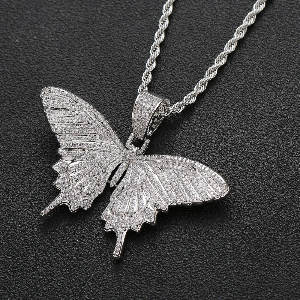 Collier avec pendentif papillon Animal glacé, avec chaîne en corde, or, argent, Zircon cubique, pour hommes et femmes, bijoux Hip hop Rock, 240v