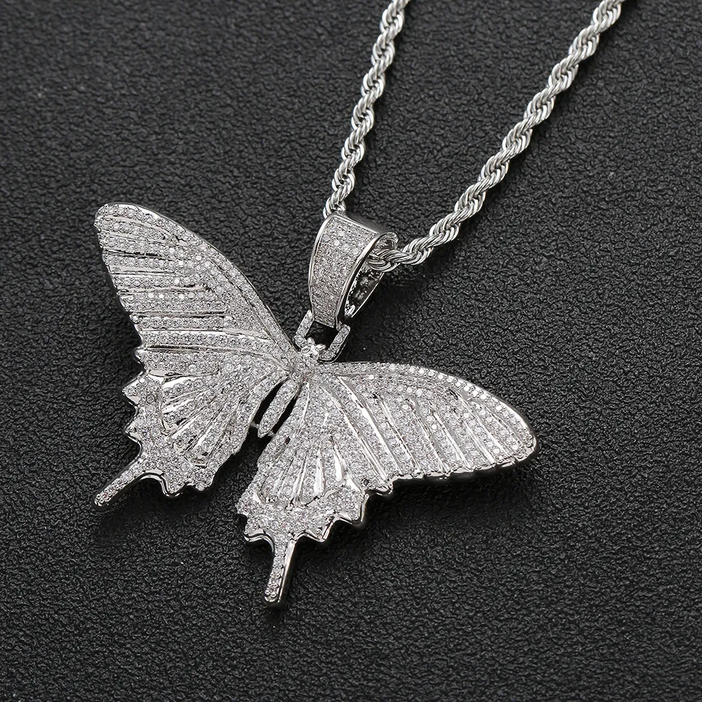 Iced Out Animal Butterfly Pendant Necklace With Rope Chain Gold Silver Cubic Zircon Men Women Hip hop Rock Jewelry280l
