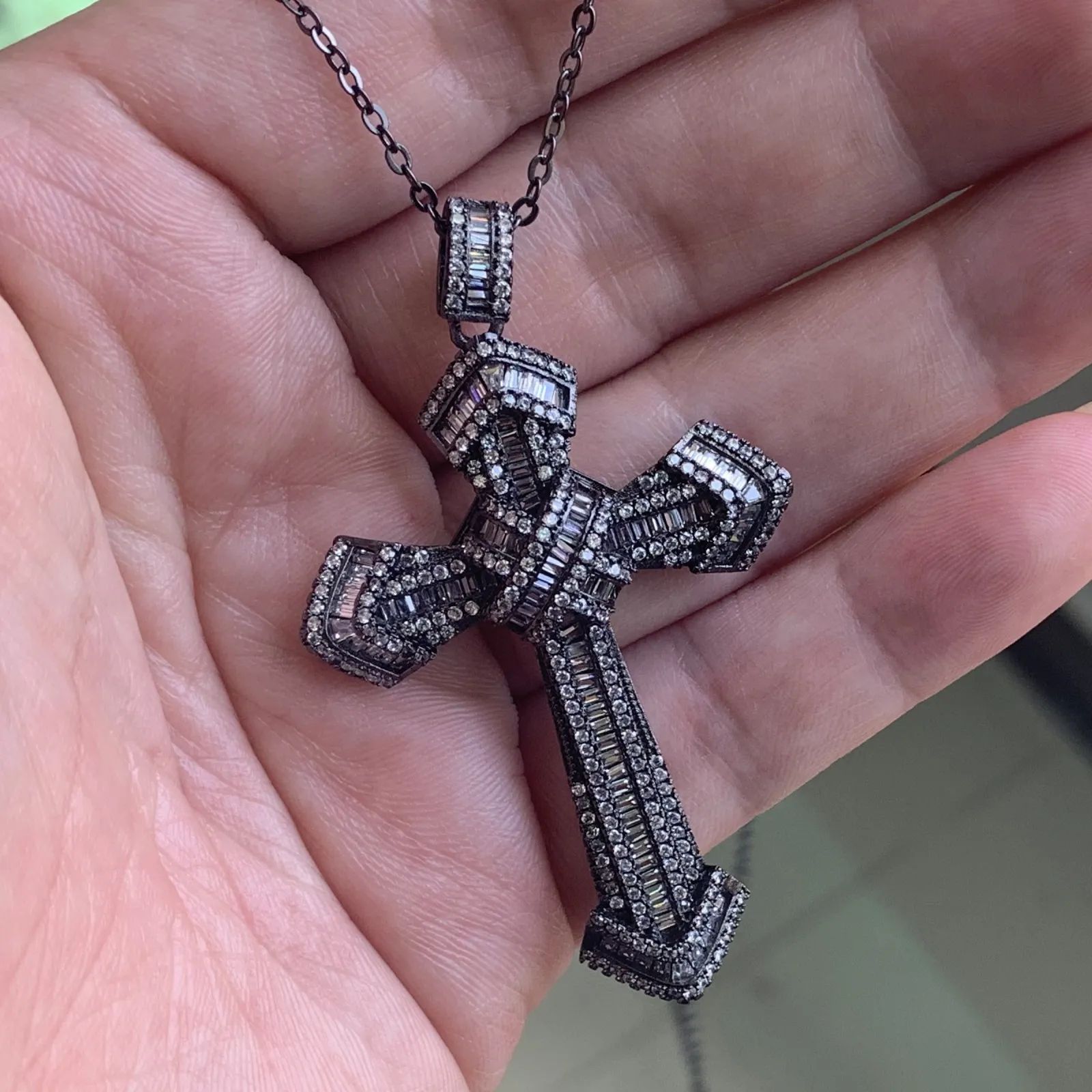 Ciondolo croce retrò hip-hop gioielli di moda in argento 925, riempimento in oro nero, fortunate donne da sposa 5A, collana con catena di diamanti bianco trasparente CZ293g