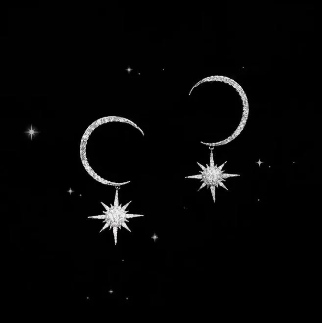 Funkelnde baumelnde Mond- und Stern-Ohrringe aus 925er Silber und 14-karätigem Gold, Starburst-Halbmond-Ohrringe, Geschenk für Sie1561816