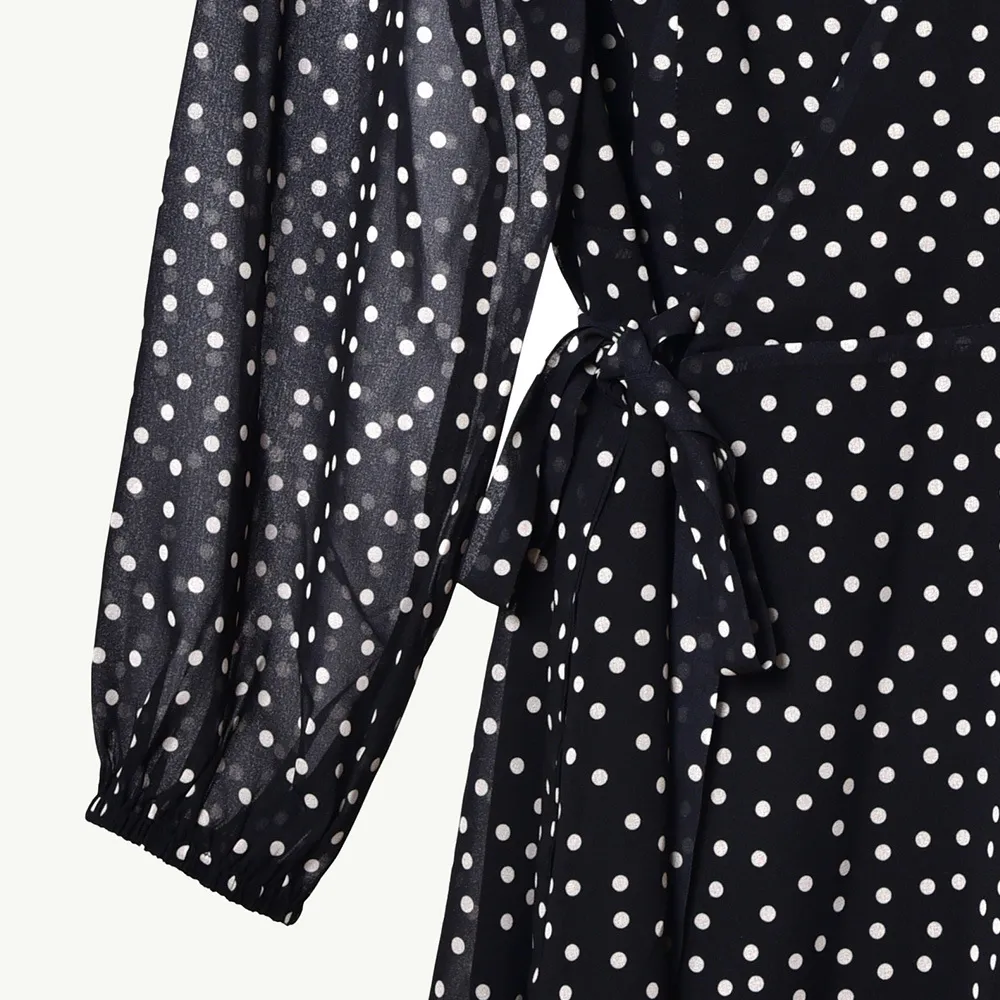 2019 Fall Winter Long Sleeve V Neck Black Polka Dot Print Ruffle Short Mini Dress Women Fashion Dresses D2616292