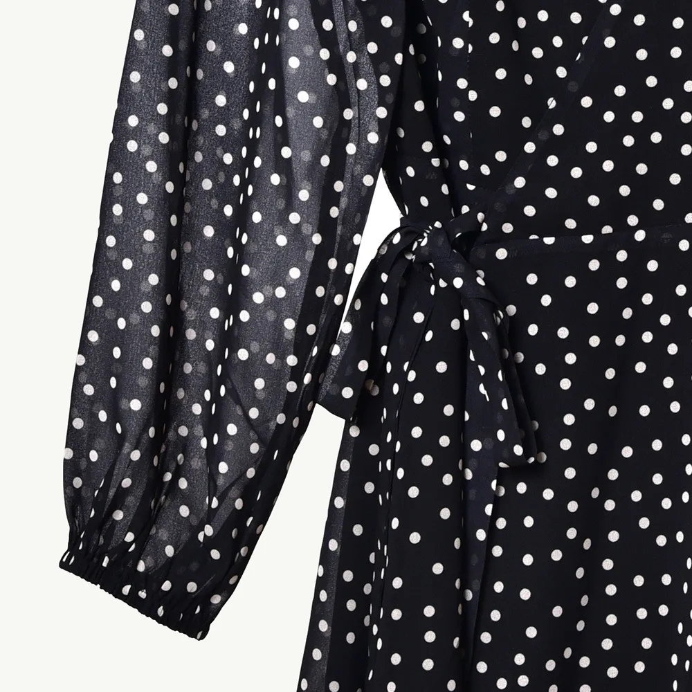 2019 herfst winter lange mouw v-hals zwarte polka dot print ruche korte mini jurk vrouwen mode jurken D2616292