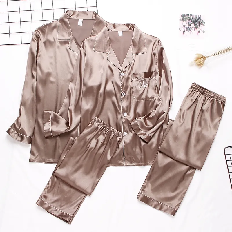 Luxury Pajama suit Satin Silk Pajamas Sets Couple Sleepwear Family Pijama Lover Night Suit Men & Women Casual Home Clothing T200110