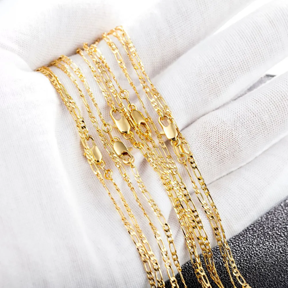 Gold 2 mm Taille Collier Figaro 16-30 pouces Femme Femme Femme Femme simple Chaîne de pulls