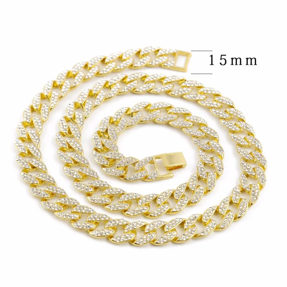 Iced Out Bling Strass kettingen Zilver Gouden Afwerking Miami Cubaanse Link Chain Ketting 15mm Heren Hip Hop Ketting Sieraden 16 18 20 203q