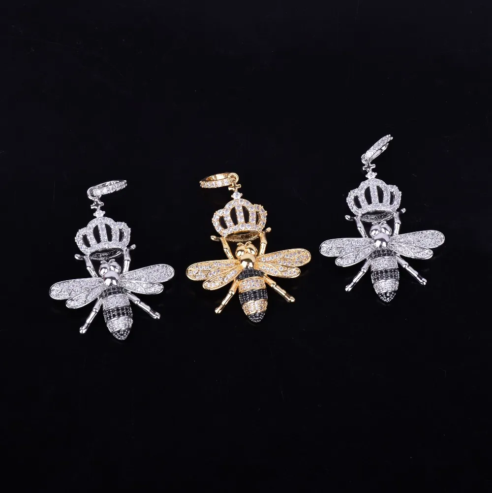 Pendenti con collana di api con corona di animali Gioielli hip hop da uomo in oro argento colore ghiacciato con zirconi cubici con catena da tennis281A