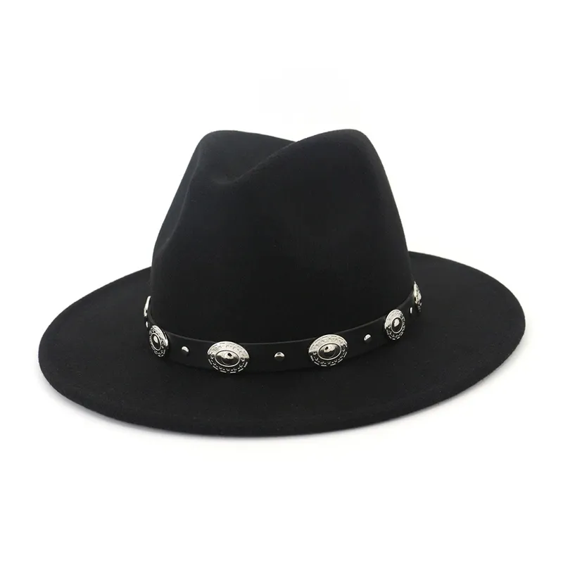 Trend Rivet Belt Decor Effen Wolvilt Jazz Fedora Hoed voor Mannen Vrouwen Unisex Platte Rand Panama Gokker Hoeden Caps Gentleman Trilby256u