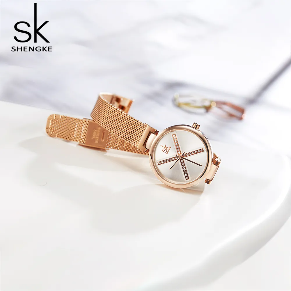 CWP Shengke Crystal Watch Waterproof Rose Gold Steel Pasp zegarki na nadgarstki