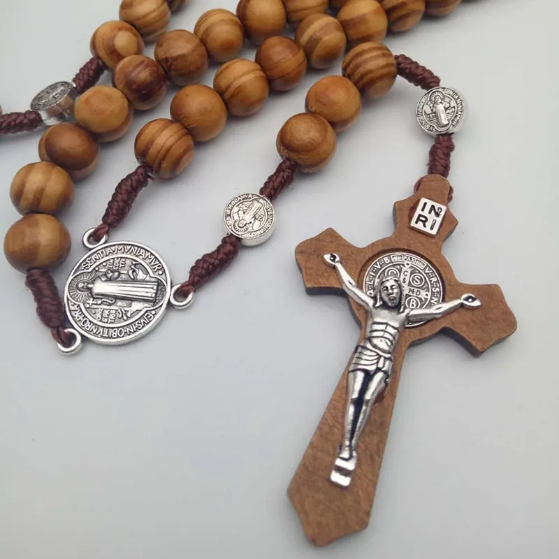 رجال النساء المسيح الخشبية الخرز 10 مم حبة المسبحة الصليب قلادة الحبل المنسوجة سلسلة الملحقات مجوهرات قلادة 1214S
