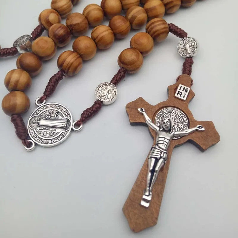 Männer Frauen Christus Holz Perlen 10mm Rosenkranz Perle Kreuz Anhänger Gewebte Seil Kette Halskette Schmuck Accessories1214S