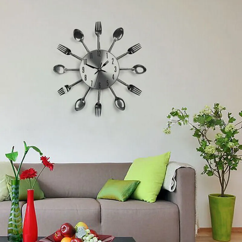 Décorations pour la maison en acier inoxydable silencieux couverts horloges mécanisme conception salon décor cuisine Restaurant horloge murale Y2001099958759