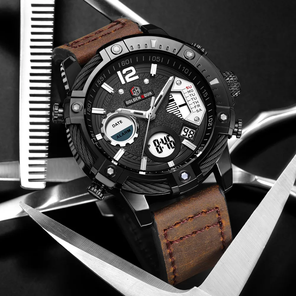 Reloj Hombre GOLDENHOUR mode Sport hommes montre erkek kol saati numérique en cuir mâle horloge militaire montre-bracelet Relogio Masculino2760