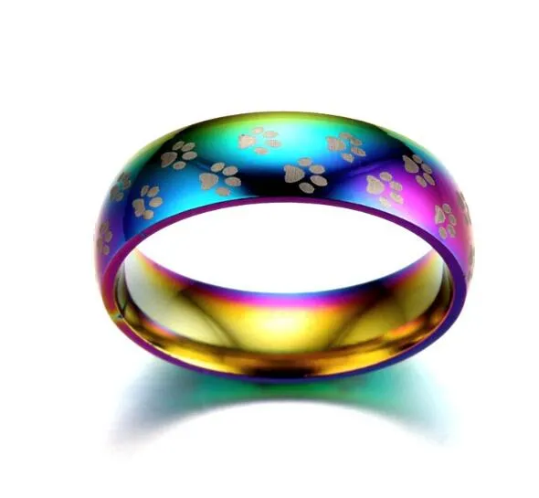 Colorful Rainbow Small Paw Print Finger Ring for Couple Promise Engagement 6mm Lover's Wedding Rings Lesbian Gay Jewelry181W