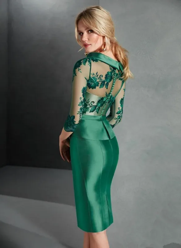 Short Green Mother of The Bride Groom Dresses with Sleeves 2019 Lace Peplum Sheath Knee-length Women Occasion Wedding Party Guest 223L