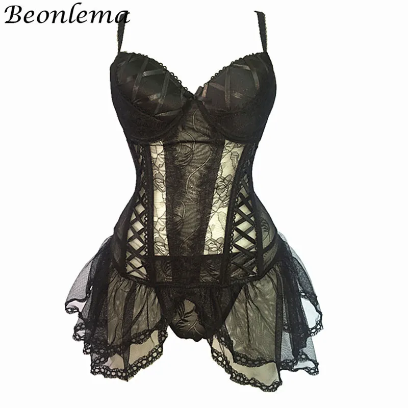 Beonlema شفاف مثير النساء clubwear ينغيرييس الأسود underbust مشد الأعلى الرباط بوستير اللباس لوليتا بيان كورج J190701