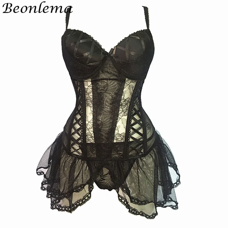 Beonlema Transparenta Sexiga Kvinnor Clubwear Underkläder Black Underbust Corset Top Lace Bustier Klänning Lolita Bayan Korse J190701