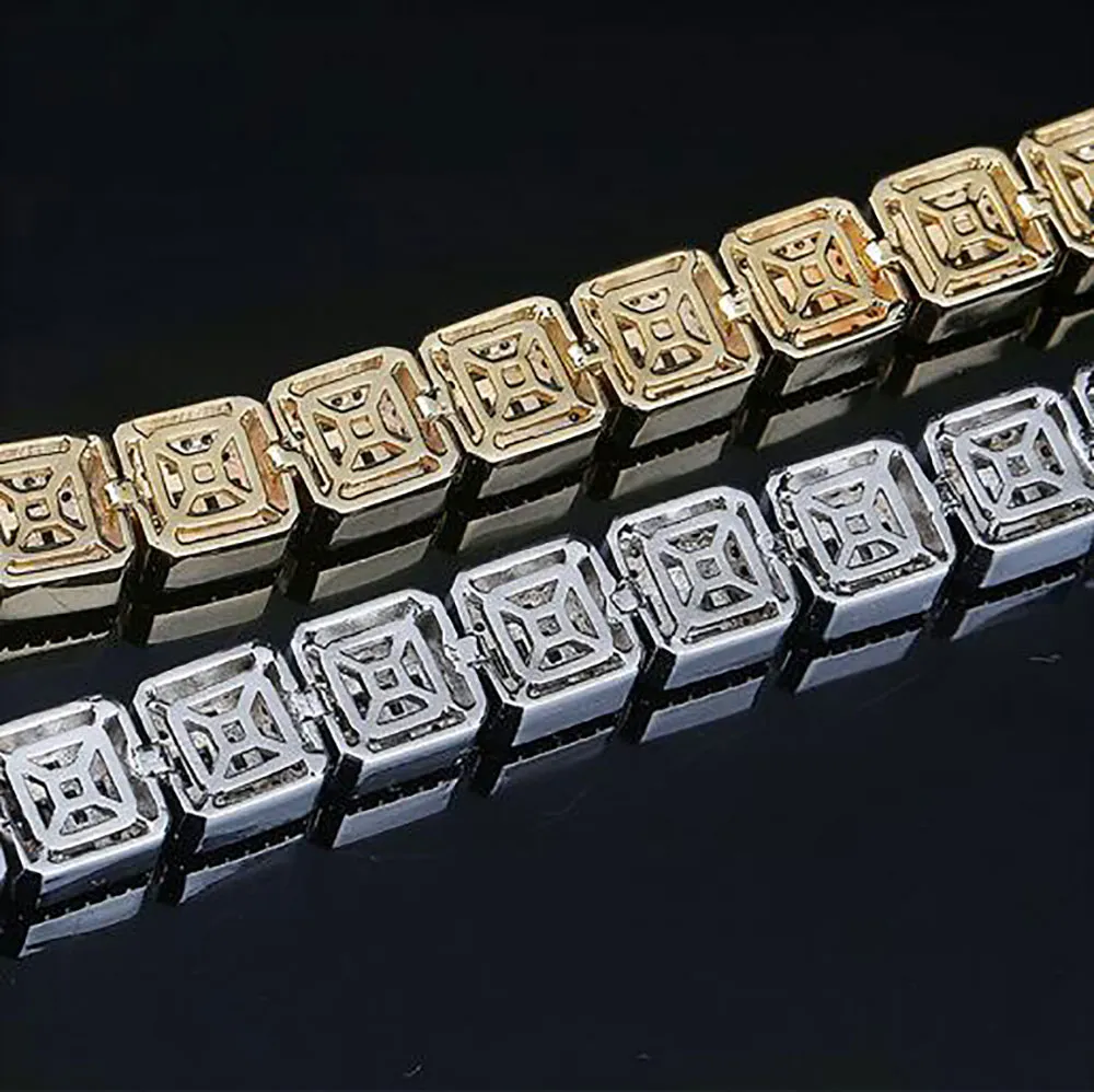 Pulsera de dioses de baguetos helados de oro de 14k de oro con pulseras bling de 10 mm con brazalete de circón cúbico bloqueado Hip Hop 44G262D