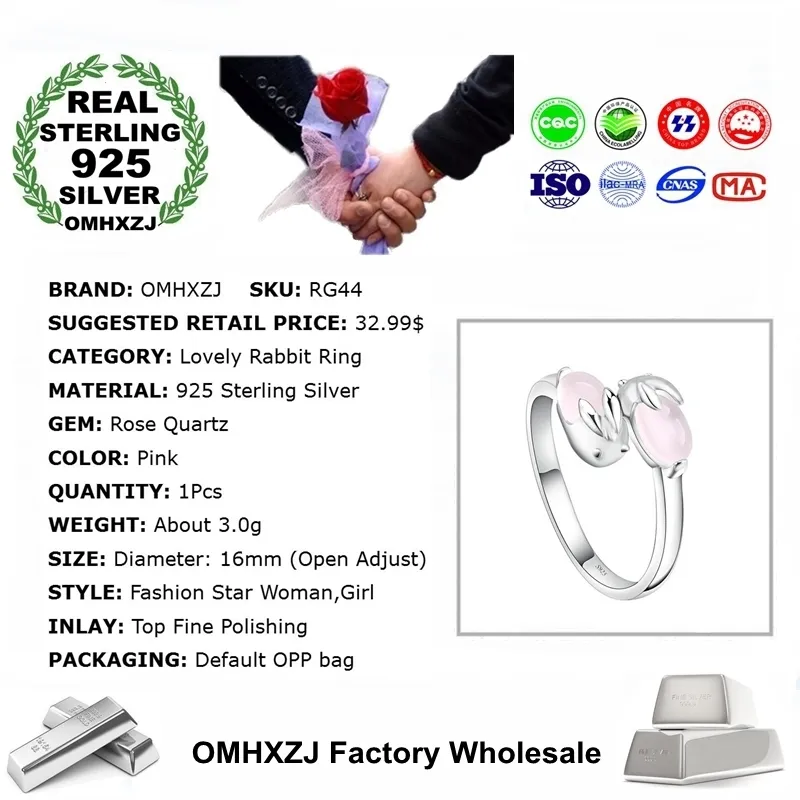 OMHXZJ Wholesale Band Rings Simple Fashion Lovely Rabbit Rose Quartz OL Gift 925 Sterling Silver Female For Woman Girl Resizable Ring RG44