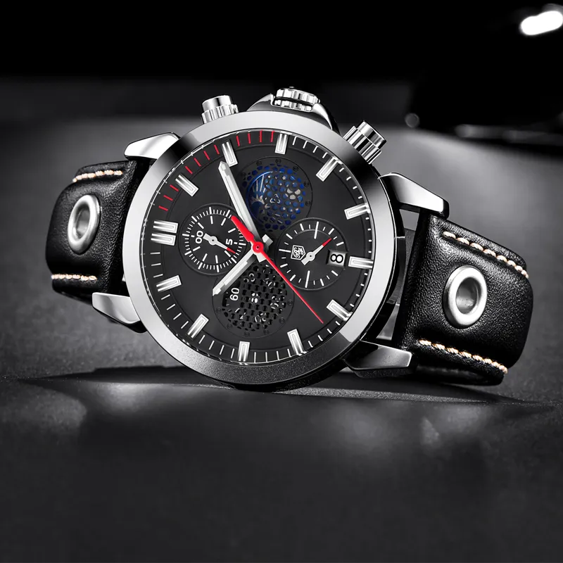 BENYAR Mode Sport Chronograaf Horloges Heren Maanfase Lederen Skeleton Quartz Horloge Ondersteuning Wit Rood247H