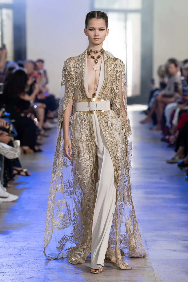 2020 Elie Saab Abendkleider mit langer Jacke, Spitze, appliziert, tiefer V-Ausschnitt, Damen-Overall, Abendkleid, maßgeschneidert, arabisch, formal, Par195Y