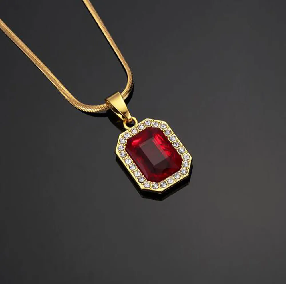 Red Lab Ruby Rectangle Gem Pendant Bling Simulated Diamonds Ruby Jewelry 18K Yellow Gold Plated Halsband Snake Bone Chain236w