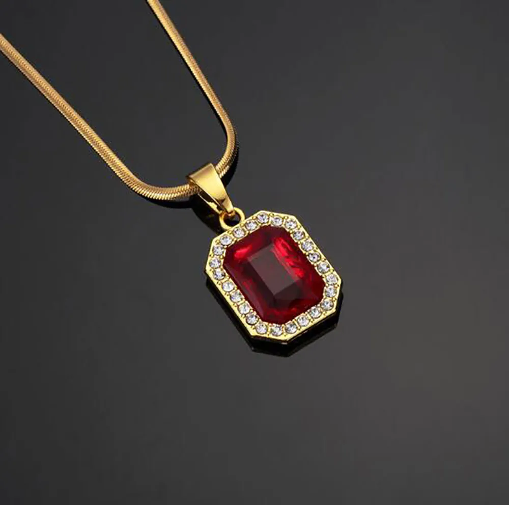 Red Lab Ruby Rectangle GEM Pendentif Bling Simulé Diamants Ruby Bijoux 18K Or Jaune Plaqué Collier Serpent Os chaîne236W