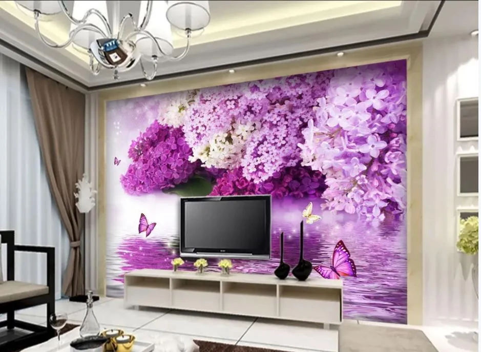 Papier peint de fond de papillon, réflexion d'hydrologie de fleur violette, mur de salon moderne, 2747