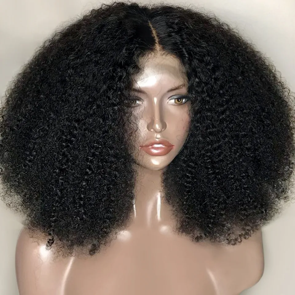 Afro kinky lockig peruk kort bob spets front mänskliga hår peruker för svarta kvinnor blekmedel knutar remy brasiliansk hår före plockad4823511