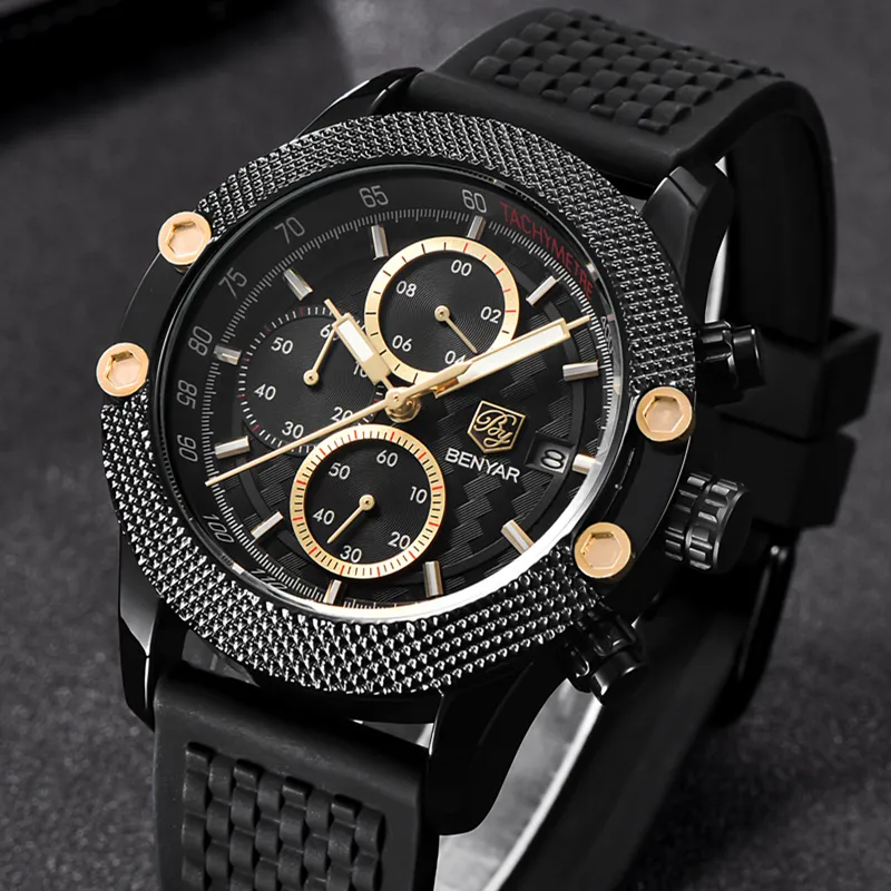 Benyar Mens Watches Top Luxury Sport Chronograph Fashion Men Waterproof Luxury Brand Gold Quartz Watch Saat Reloj hombre297y