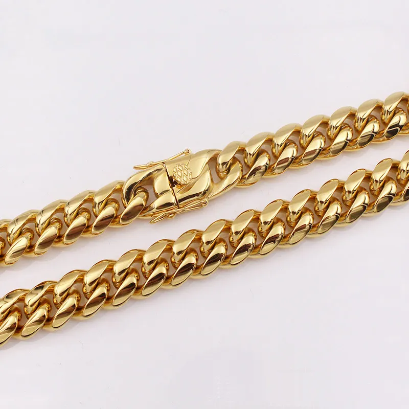 Hommes chaîne cubaine collier bijoux en acier inoxydable haute poli Hip Hop gourmette lien double fermoirs de sécurité 18K estampillé 14mm de 18inch214u